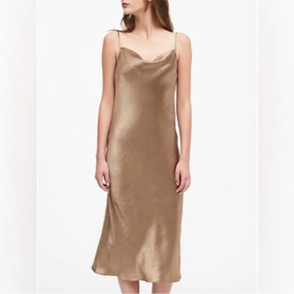 Banana Republic Cowl Neck Satin Midi Slip Dress, Champagne - Size M Medium - Picture 1 of 7